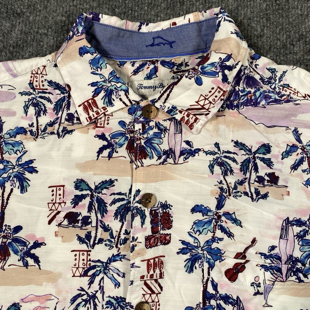 Tommy Bahama Fiesta Playa Camp Shirt Mens M Hula Girl Hawaiian Retro Viscose